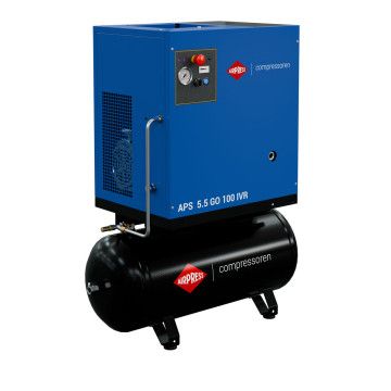Compressor de parafuso APS 5.5 GO 100 Combi IVR 5.5 CV / 4 kW 10 bar 264 - 468 l/min 100 l Compressor de parafuso APS 5.5 GO 100 Combi IVR 5.5 CV / 4 kW 10 bar 264 - 468 l/min 100 l