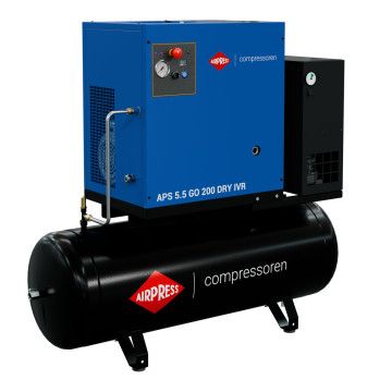 Compressor de parafuso APS 5.5 GO 200 Combi Dry IVR 5.5 CV / 4 kW 10 bar 264 - 468 l/min 200 l Compressor de parafuso APS 5.5 GO 200 Combi Dry IVR 5.5 CV / 4 kW 10 bar 264 - 468 l/min 200 l